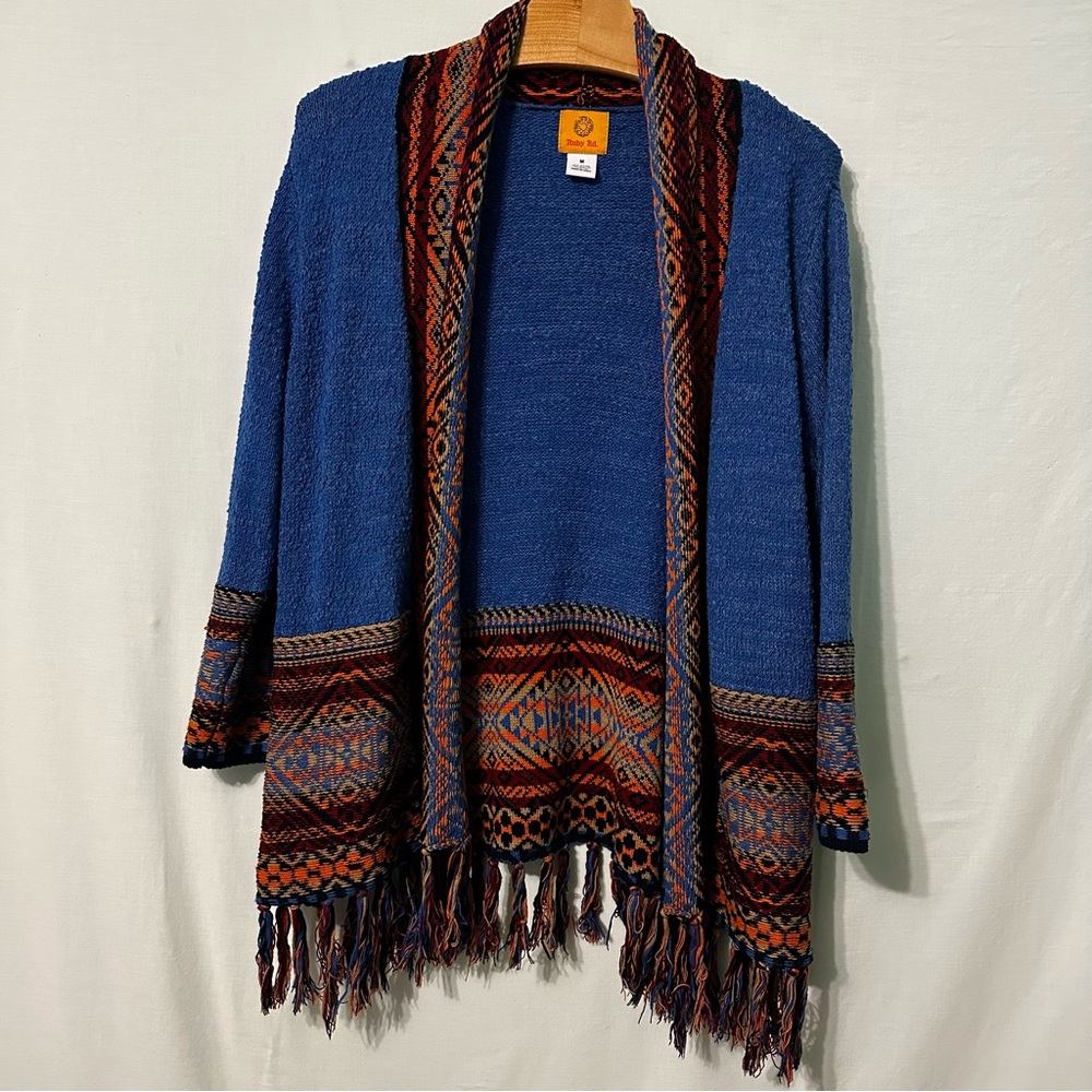 Ruby Rd Open Front Cardigan Blue Aztec Southwest … - image 1